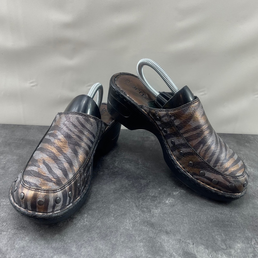 Born Børn Boc Concept Women's 6 M Mules Brown Bronze Gray Zebra Print Heel Shoes
